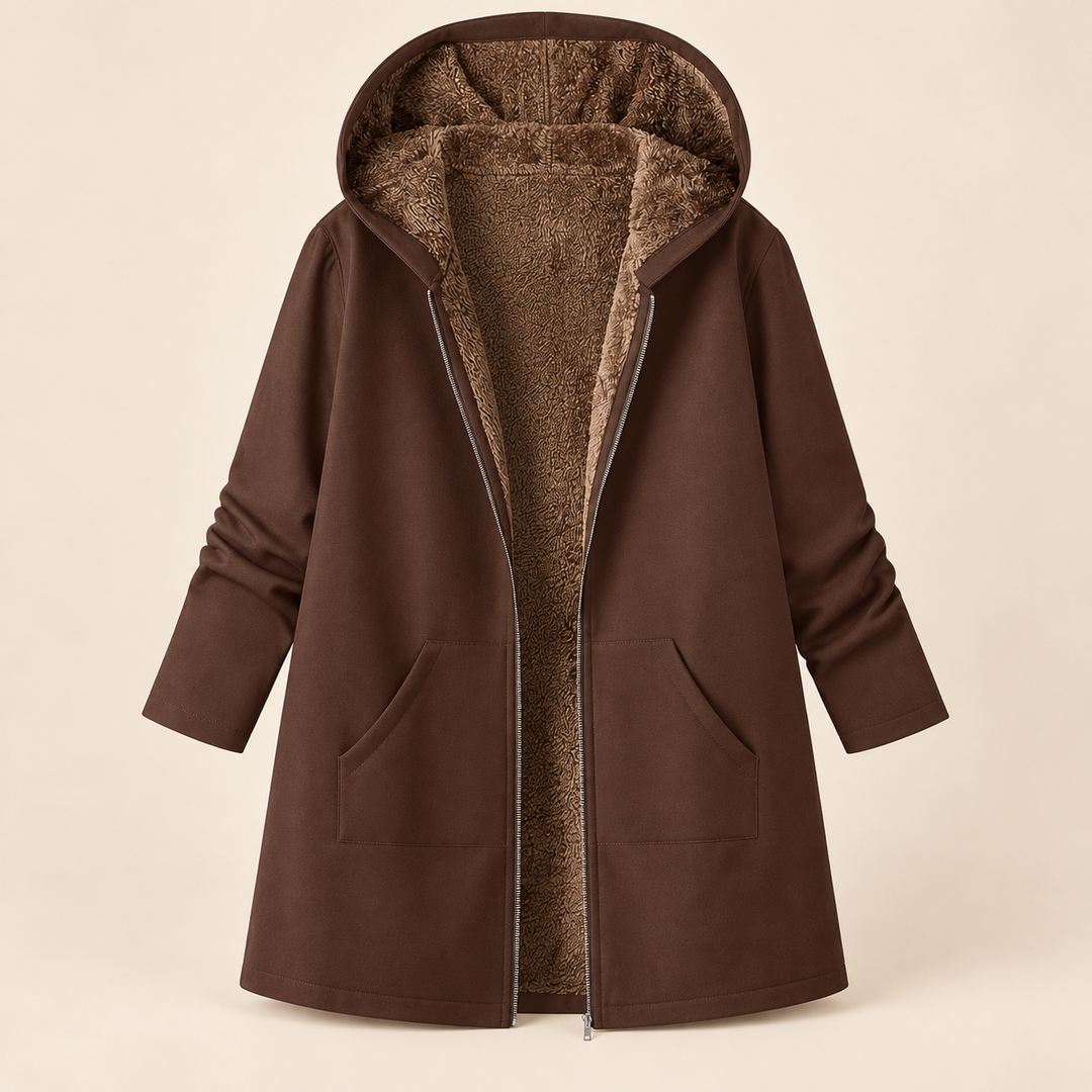 Josie sherpa-lined hooded coat in coffee brown, open front showing the sherpa lining