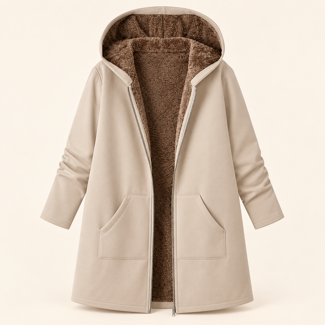 Josie sherpa-lined hooded coat in khaki, open front showing the brown sherpa lining