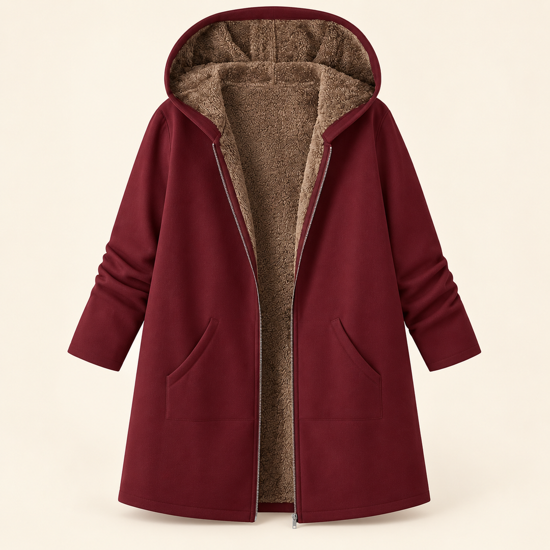 Josie sherpa-lined hooded coat in burgundy, open front showing the brown sherpa lining