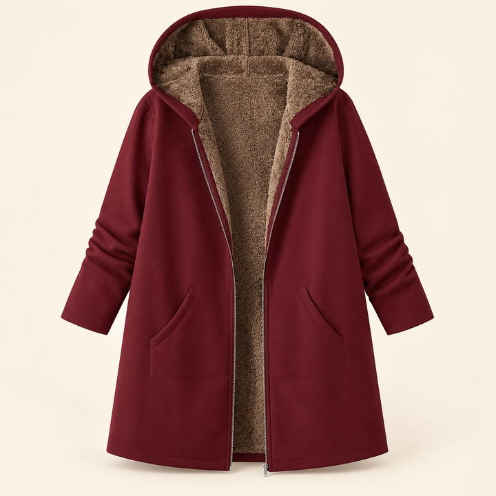 Josie sherpa-lined hooded coat in burgundy, open front showing the brown sherpa lining