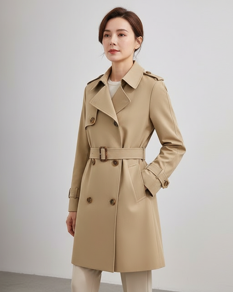 Leonie belted mini trench coat in beige, front view