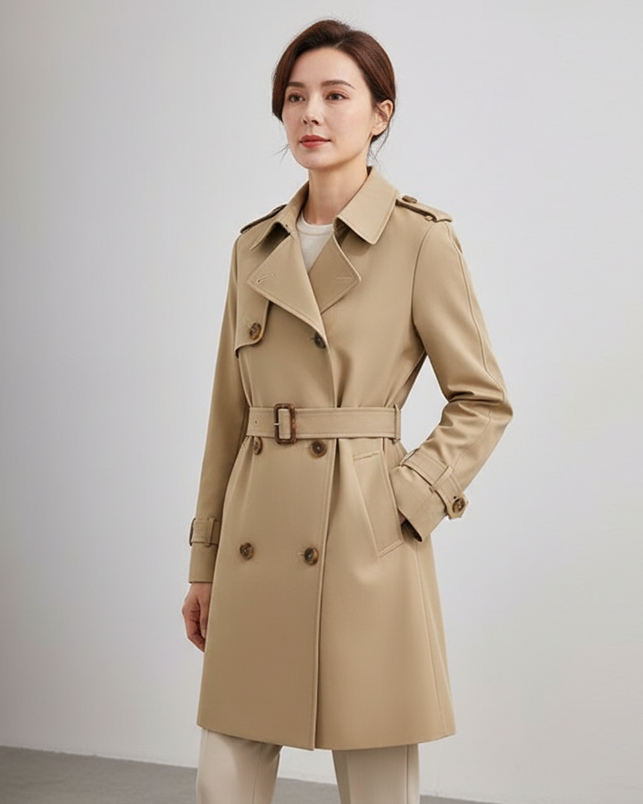Leonie belted mini trench coat in beige, front view
