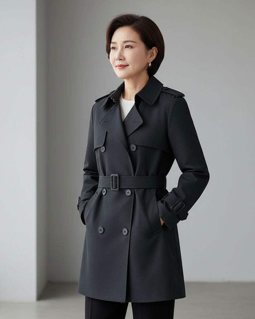 Leonie belted mini trench coat in charcoal black, front view
