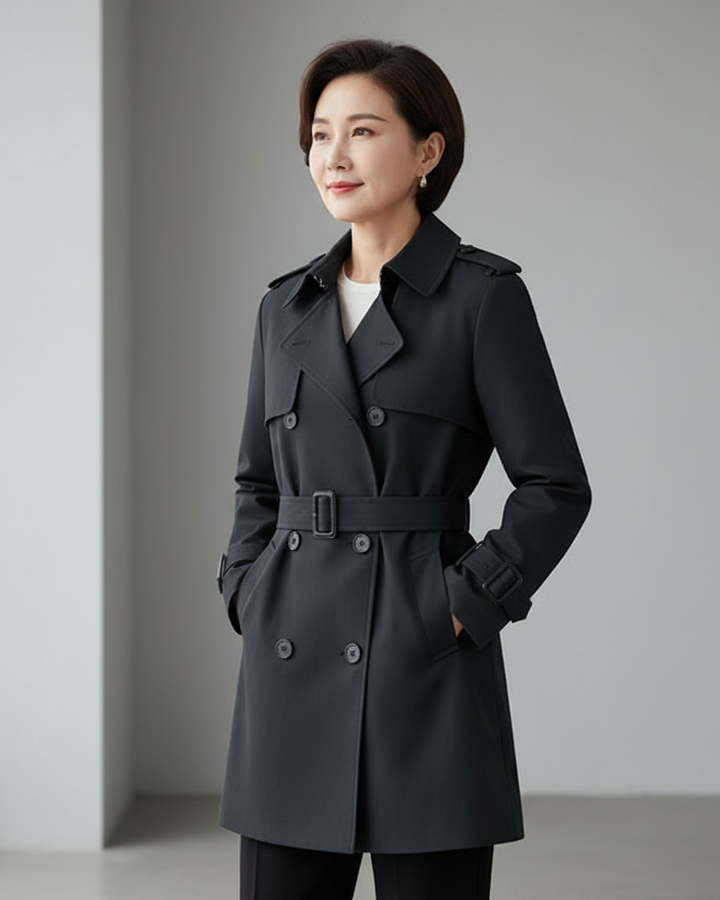 Leonie belted mini trench coat in charcoal black, front view