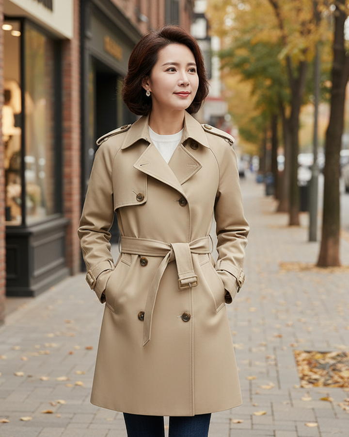 Leonie beige mini trench coat worn on an autumn city street