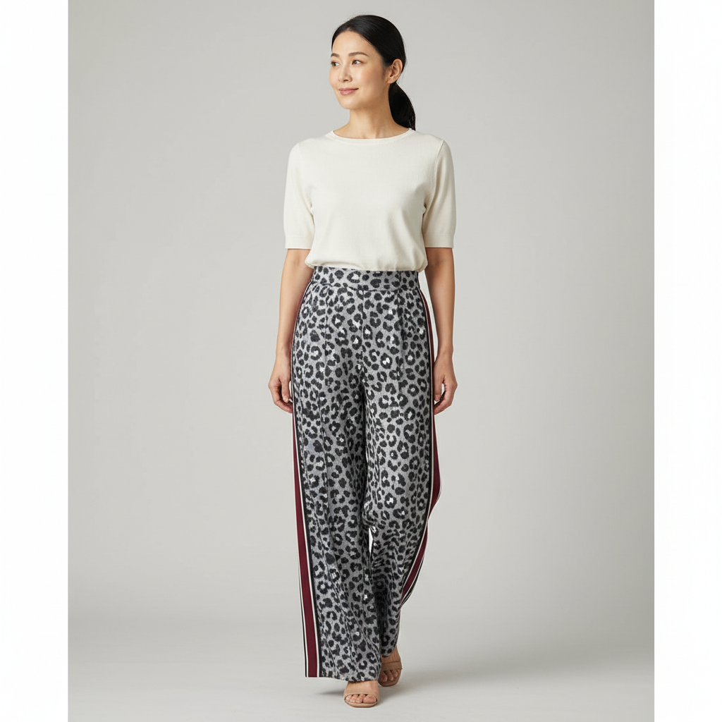 LUNA grey leopard print wide-leg pants with side stripe, on model