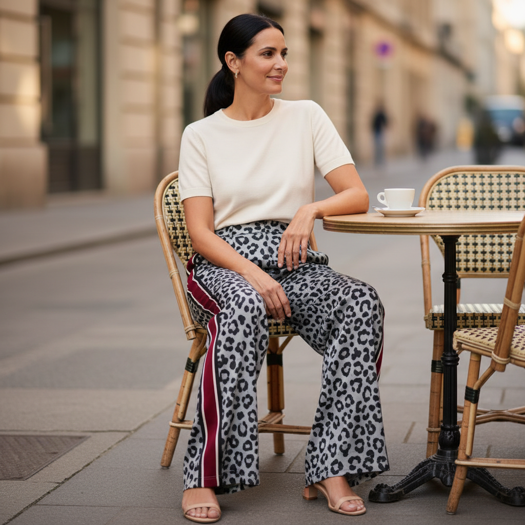 LUNA grey leopard wide-leg pants at an outdoor city cafe