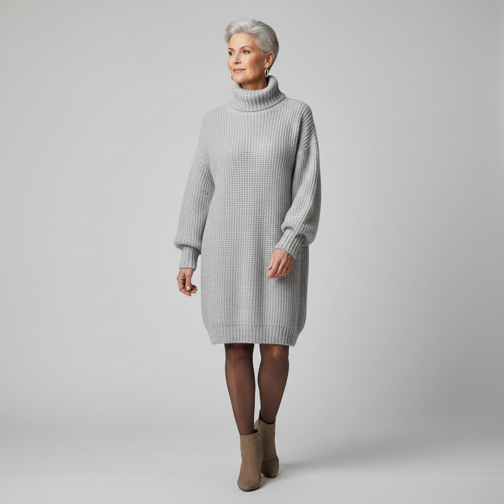 MABEL light grey knit turtleneck sweater dress, on model