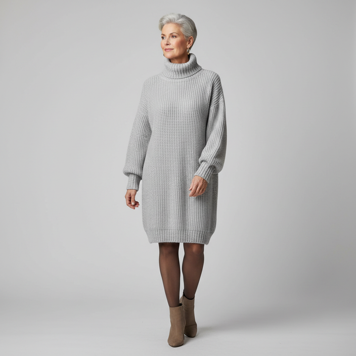 MABEL light grey knit turtleneck sweater dress, on model