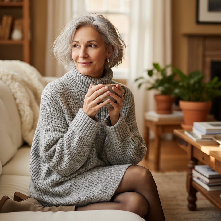 MABEL light grey turtleneck sweater dress at home with a warm drink