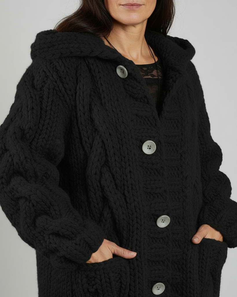 Maribelle cable-knit texture and button detail, black