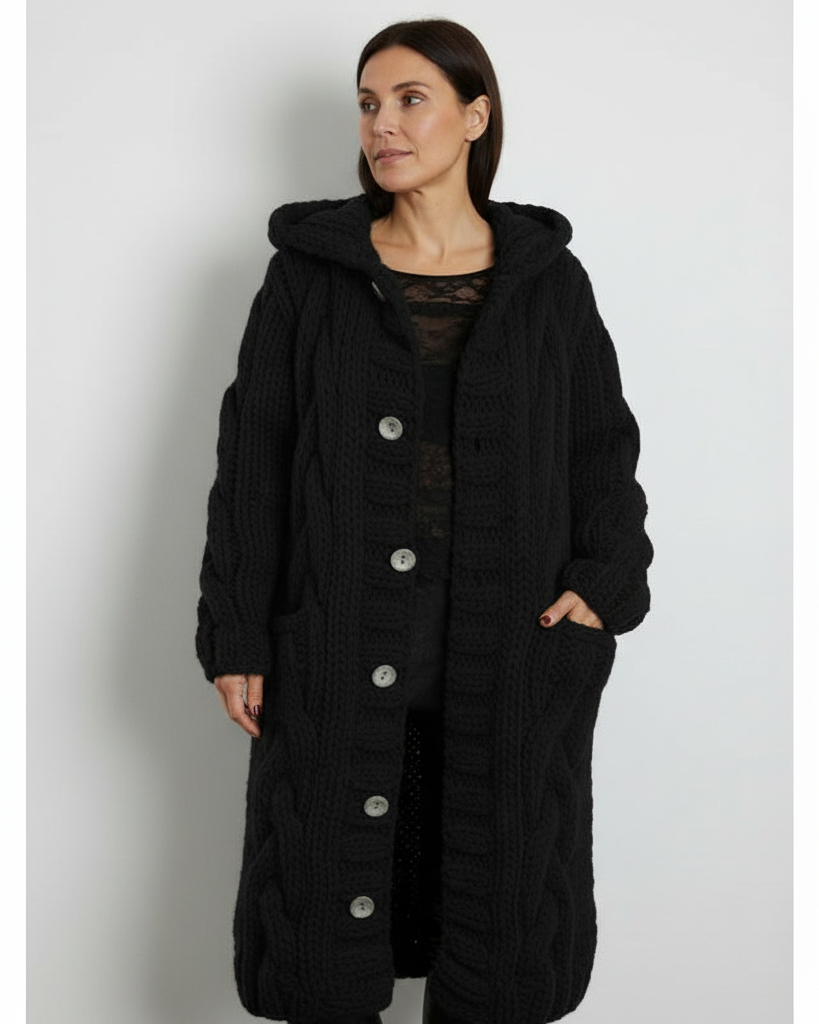 Maribelle oversized hooded cable-knit cardigan in black, front view