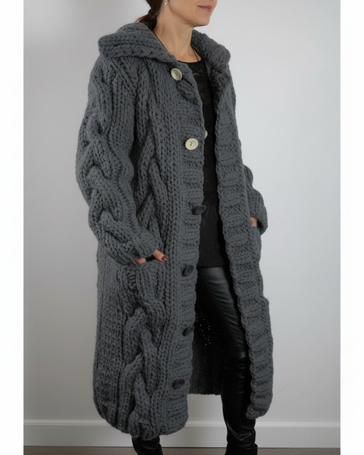 Maribelle oversized hooded cable-knit cardigan in charcoal grey, front view