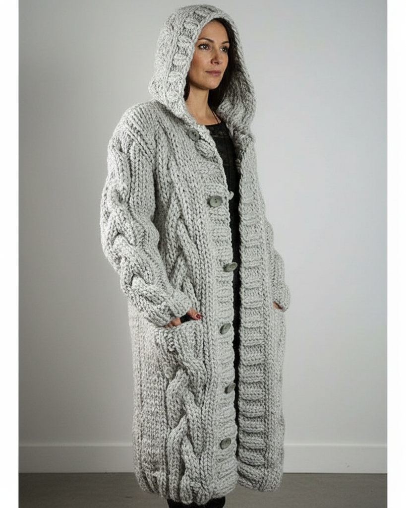 Maribelle oversized hooded cable-knit cardigan in light grey, front view
