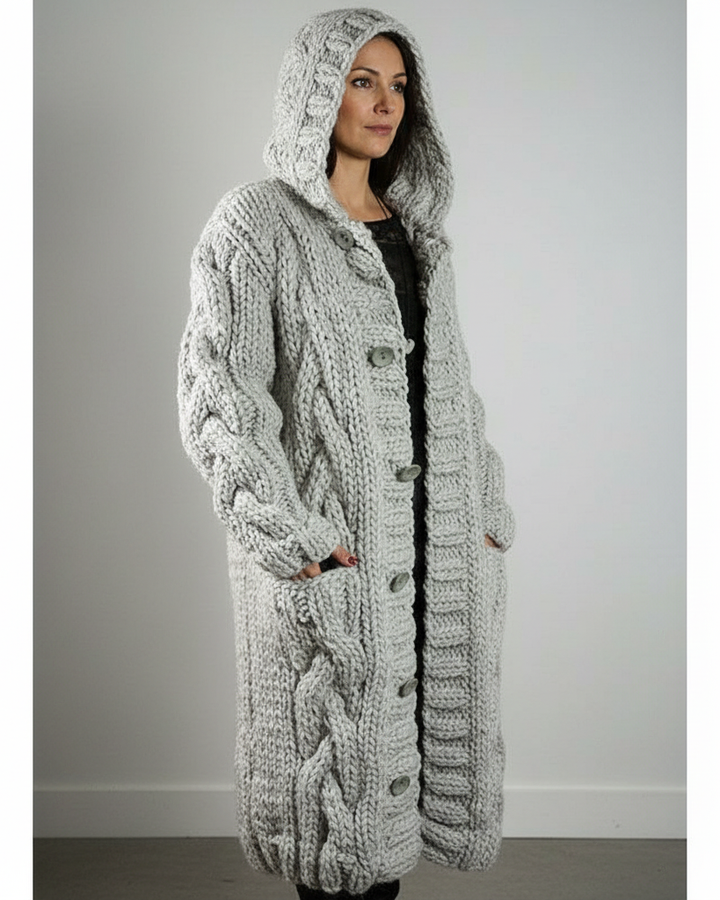 Maribelle oversized hooded cable-knit cardigan in light grey, front view