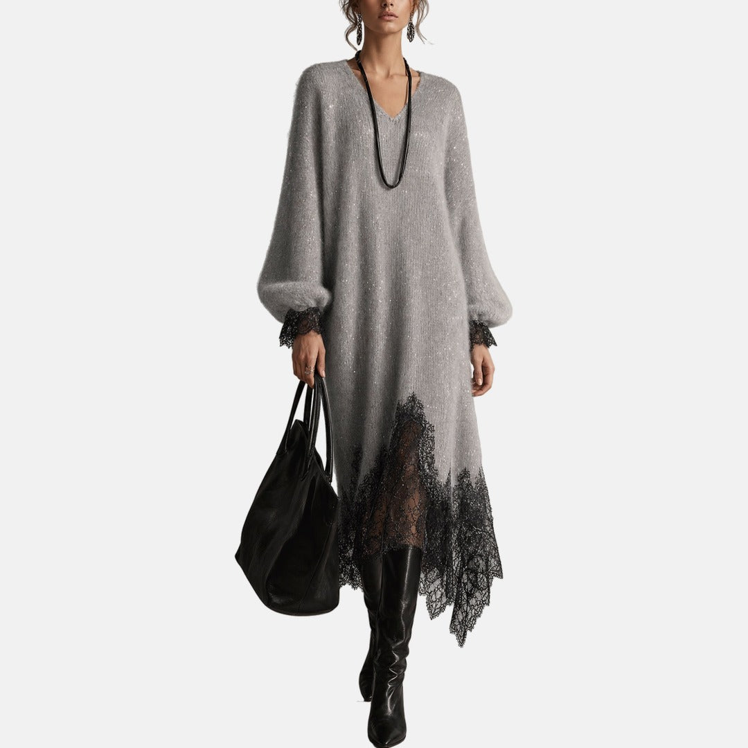 Celeste sequin knit midi dress with lace trim, front view