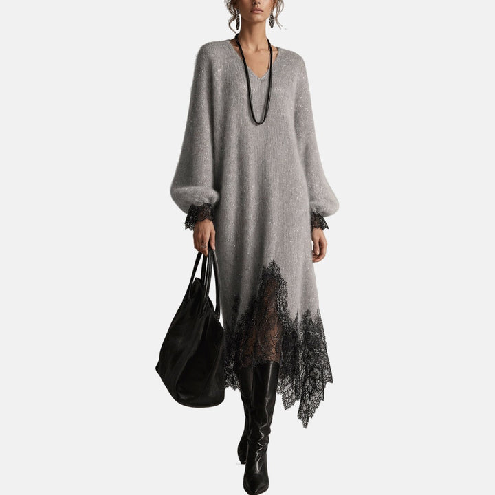 Celeste sequin knit midi dress with lace trim, front view
