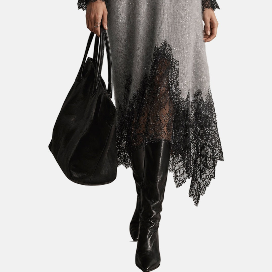 Celeste dress black lace hem detail with boots
