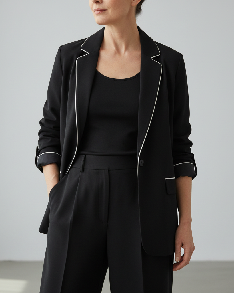 Odile blazer and wide-leg trouser set in black, front view