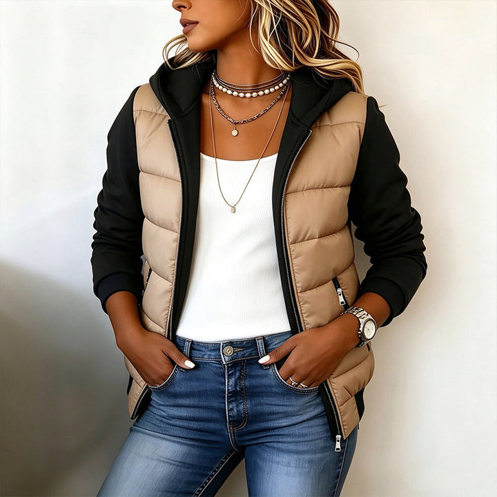 Winona color-block hooded jacket close-up of the front zip and pockets, worn with jeans