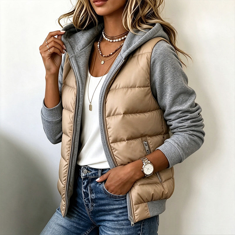 Winona color-block hooded jacket in beige with heather-grey sleeves and hood, front view with zip pockets