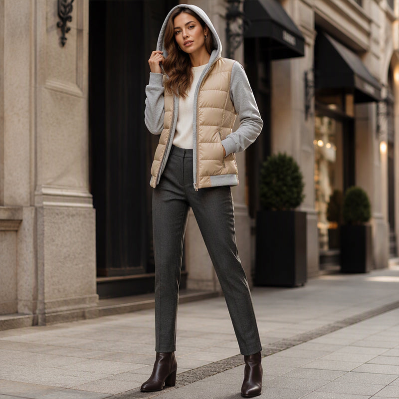 Winona color-block hooded jacket in beige with grey sleeves and hood, full-body model shot with the hood up