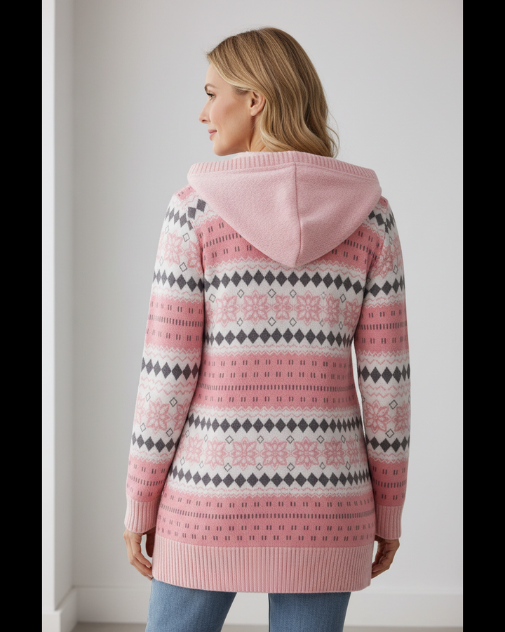 Romy fair-isle hooded sweater in pink, back view