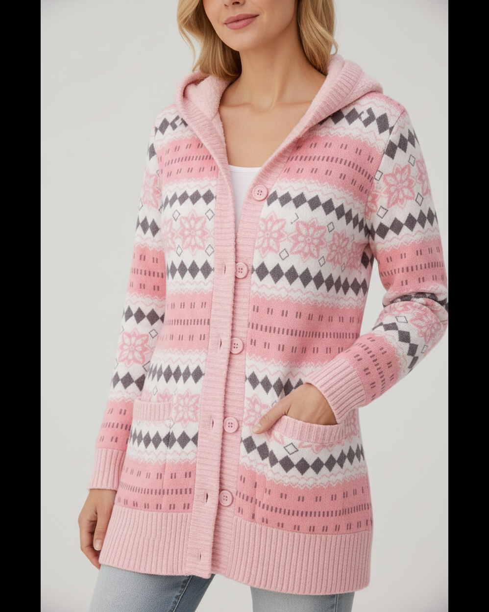 Romy fair-isle knit pattern and button detail, pink