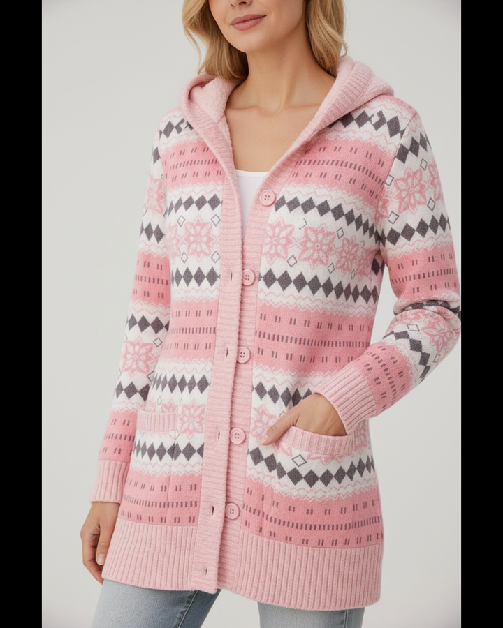 Romy fair-isle knit pattern and button detail, pink