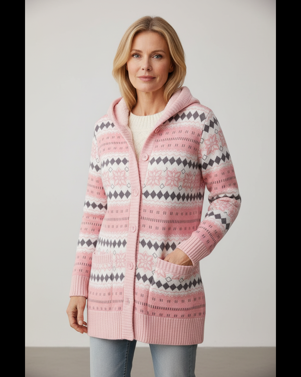 Romy hooded lined knit sweater in pink fair-isle pattern, front view