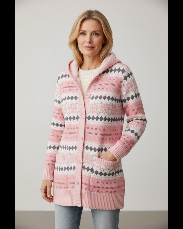 Romy hooded lined knit sweater in pink fair-isle pattern, front view