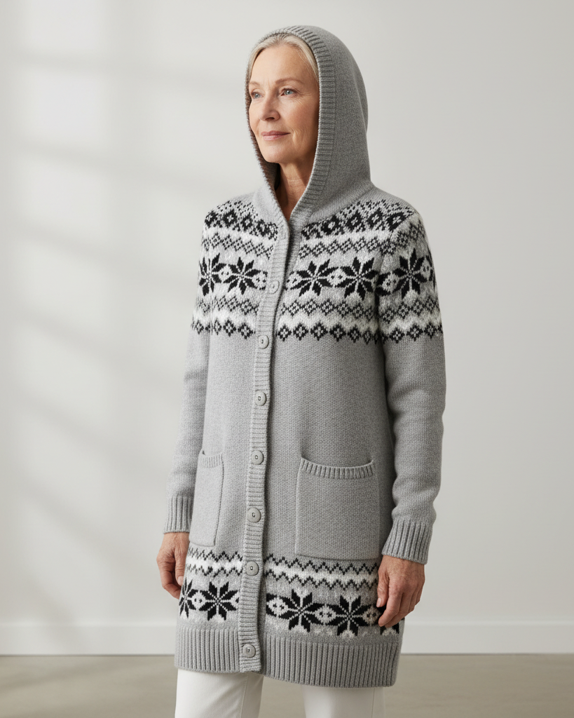 Romy hooded lined knit sweater in grey fair-isle pattern, front view