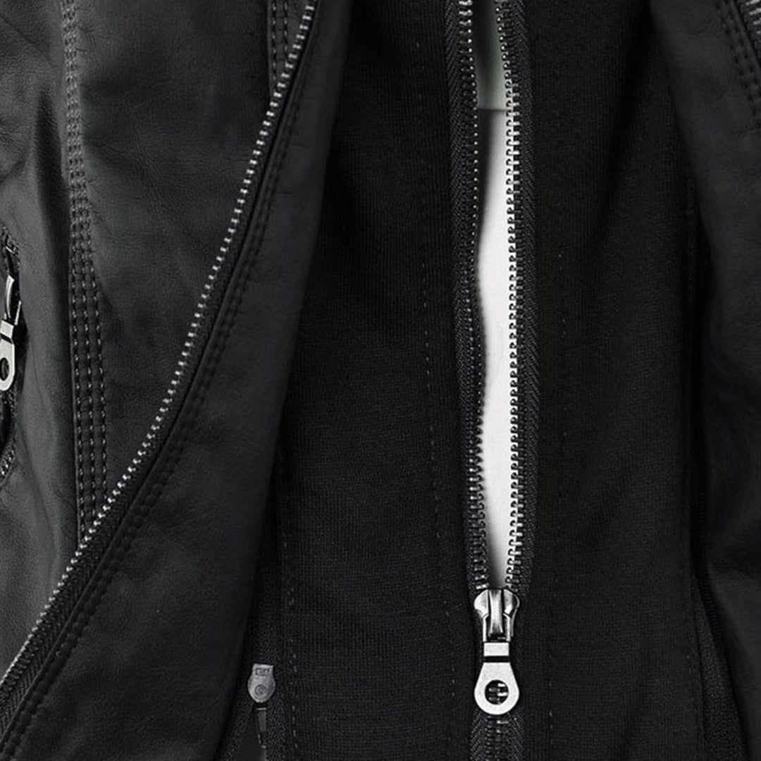 Harlow jacket front zipper and lining detail, black