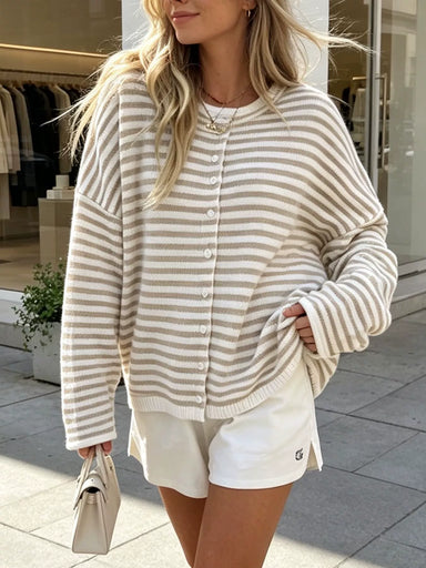 Beatrice Striped Cardigan - Beige/Cream