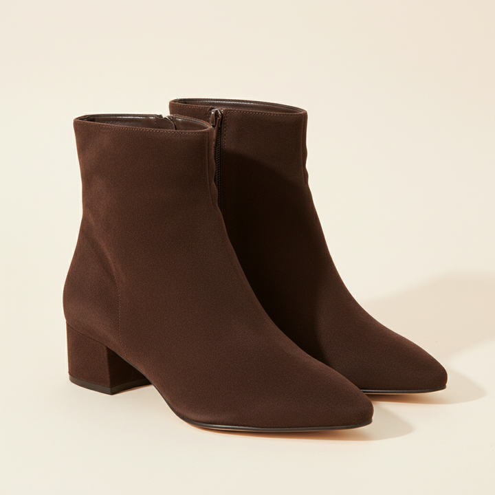 TAMSIN dark brown suede-look pointed-toe ankle boots, product shot