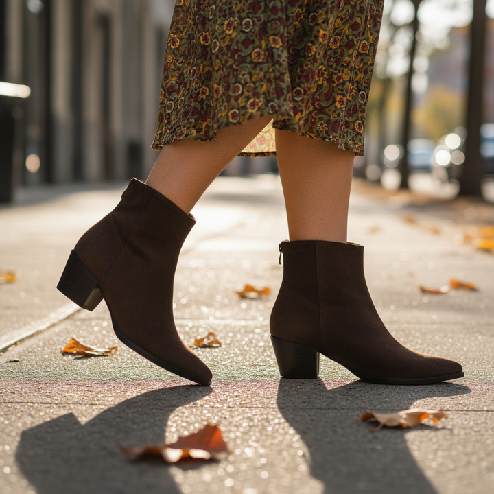 TAMSIN dark brown ankle boots walking on an autumn sidewalk