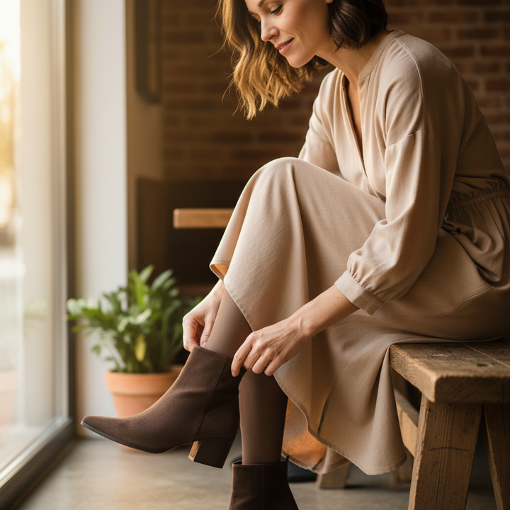 TAMSIN dark brown ankle boots styled with a dress, seated