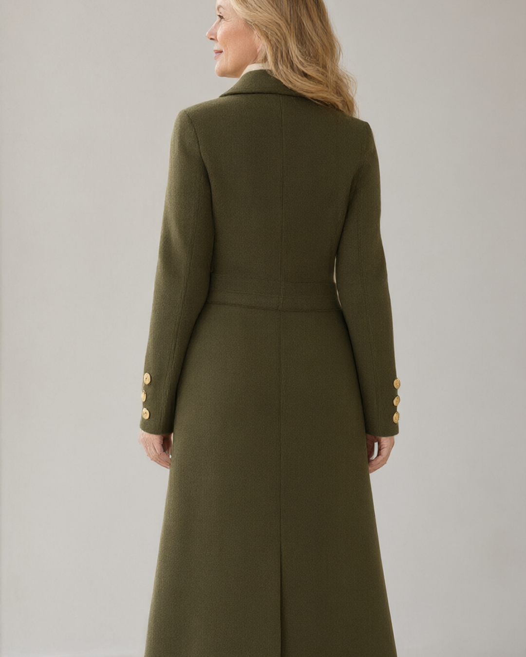 Vivienne knit trench set in olive, back view