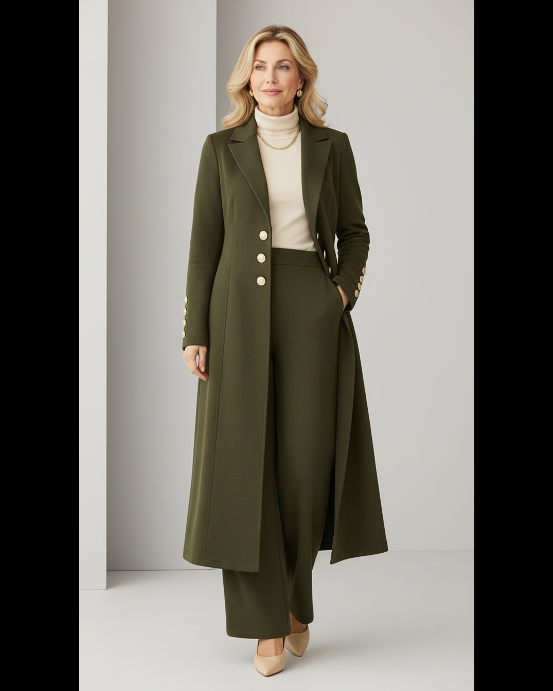 Vivienne knit trench and wide-leg trouser set in olive with gold buttons, front view