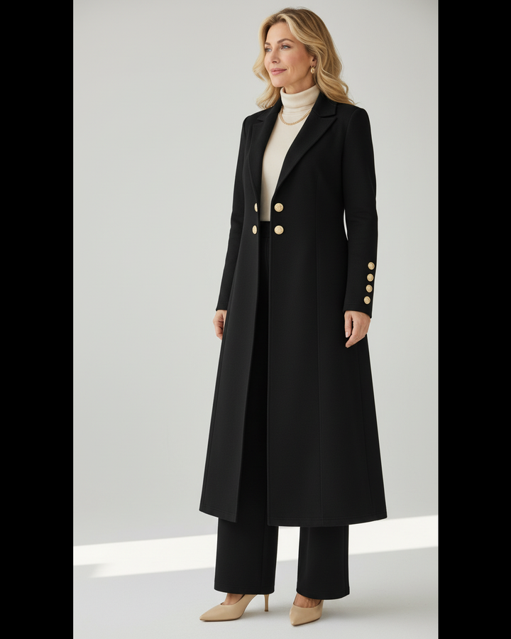 Vivienne knit trench and trouser set in black with gold buttons, front view