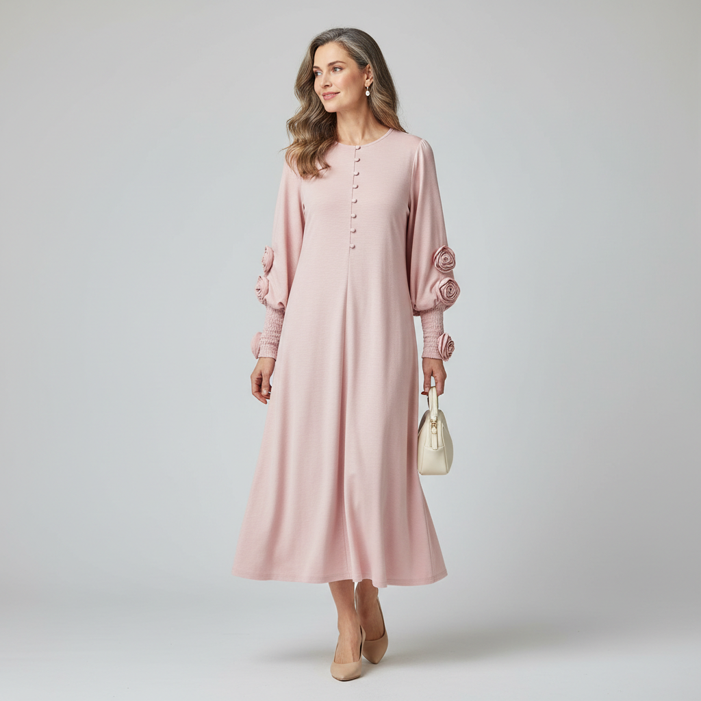 WILLA blush pink floral midi dress with rose cuff detail, on model