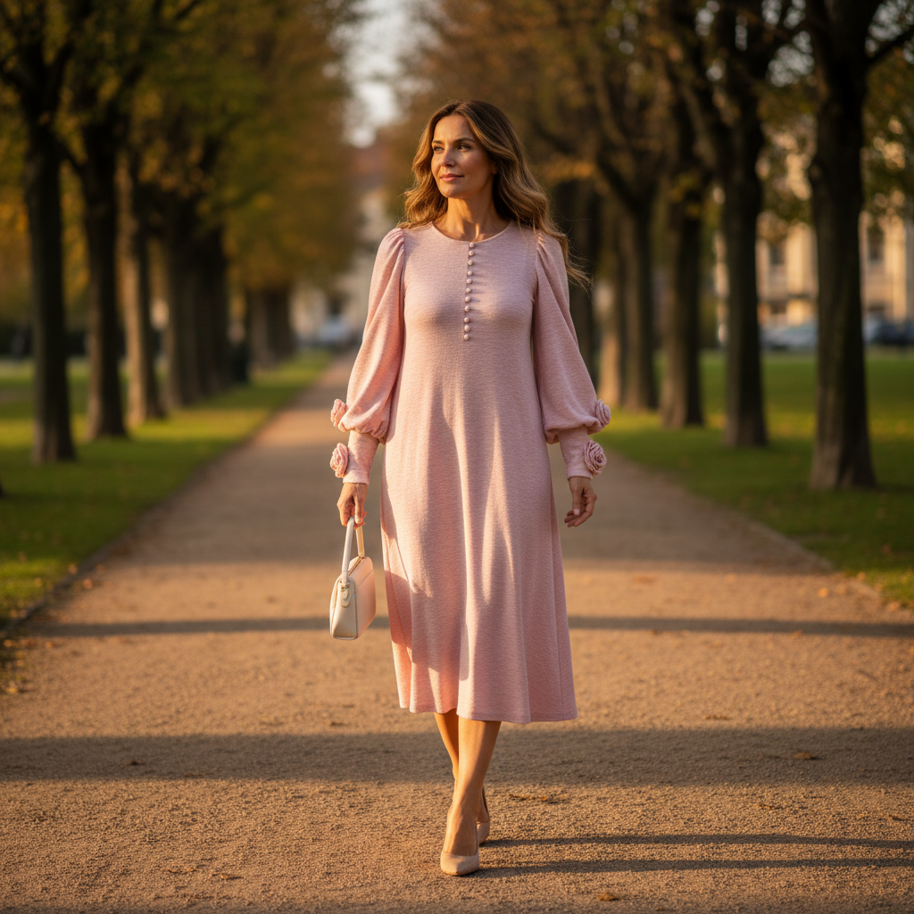WILLA blush pink midi dress on a golden-hour walk
