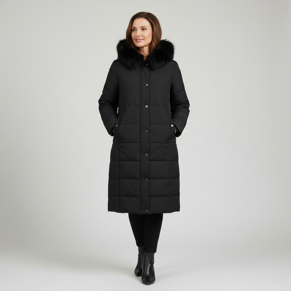 WREN faux-fur hood longline black coat, front view on model