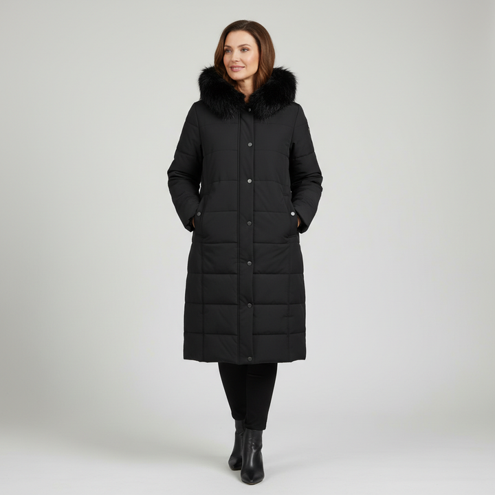 WREN faux-fur hood longline black coat, front view on model