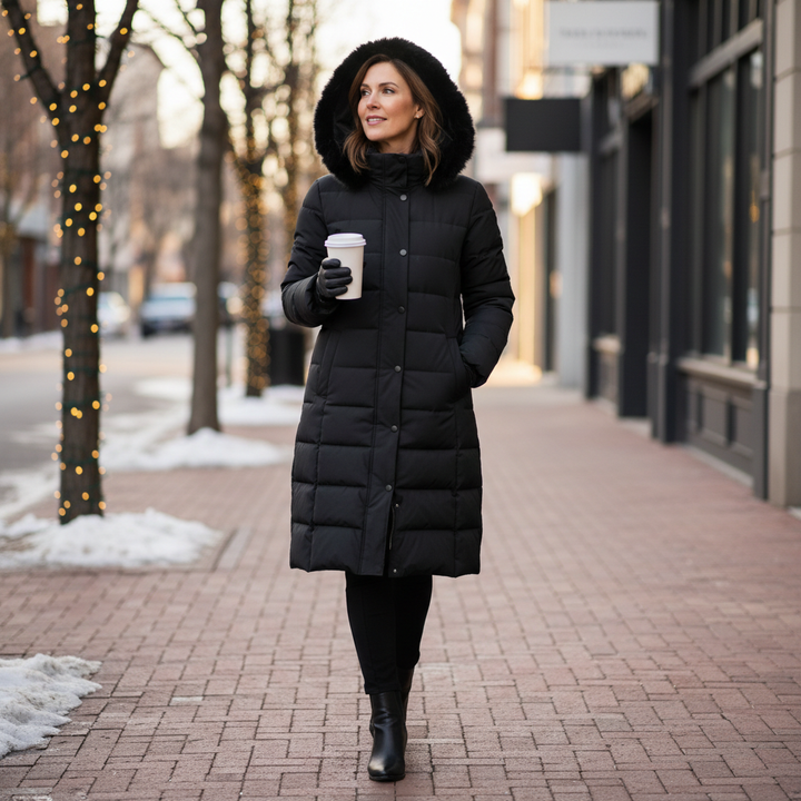 WREN black longline puffer coat worn on a winter street walk
