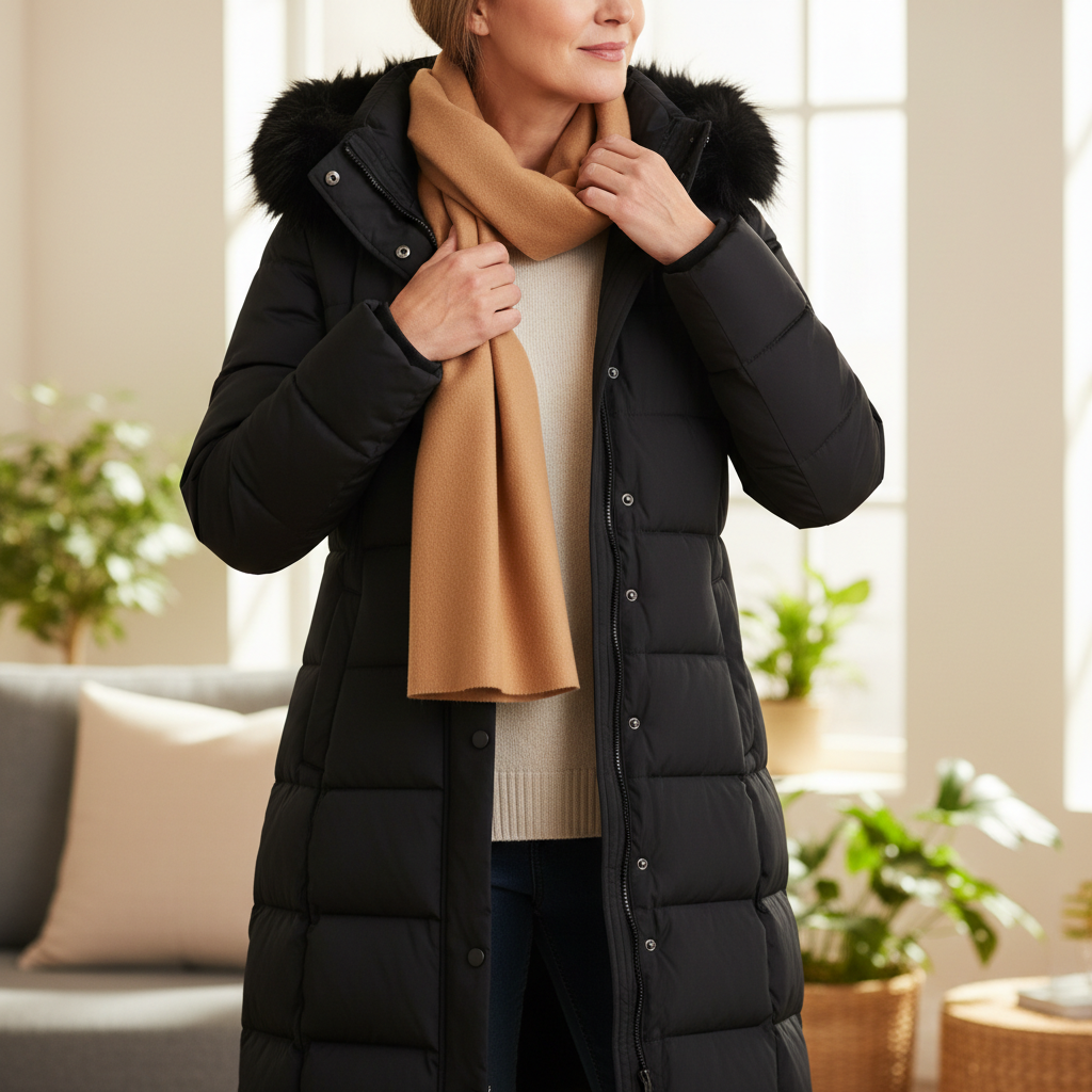 WREN black longline puffer coat styled indoors with scarf