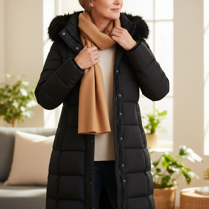 WREN black longline puffer coat styled indoors with scarf